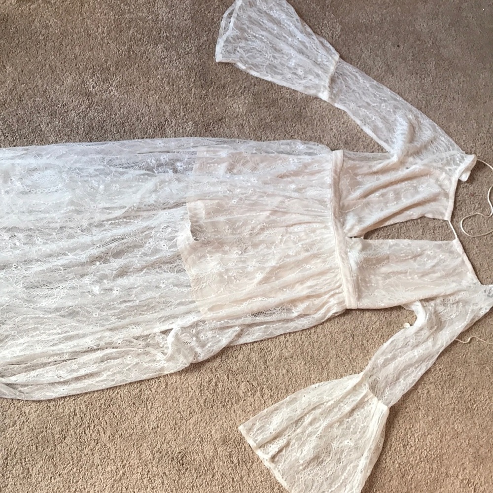 Lace maxi dress with nude romper underneath